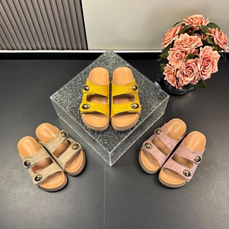 Mode Doppel Schnallen Design Mittelhohe Absatz Pantoletten Damen Lässig Flock Flache Plateau Sandale Weiblich Sommer 2025 Oberbekleidung Rutschfeste Pantoletten Mujer