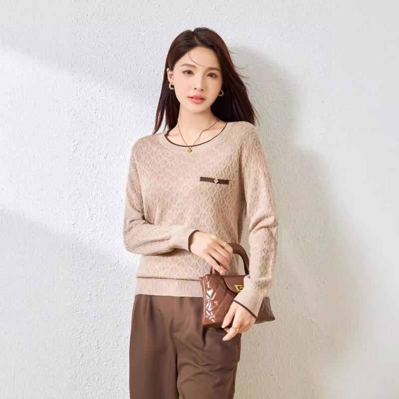 Silk Wool Blended Wool Sweater Women's Crew Neck Jacquard Sweater Knitted Sweater Top Bottoming Shirt
