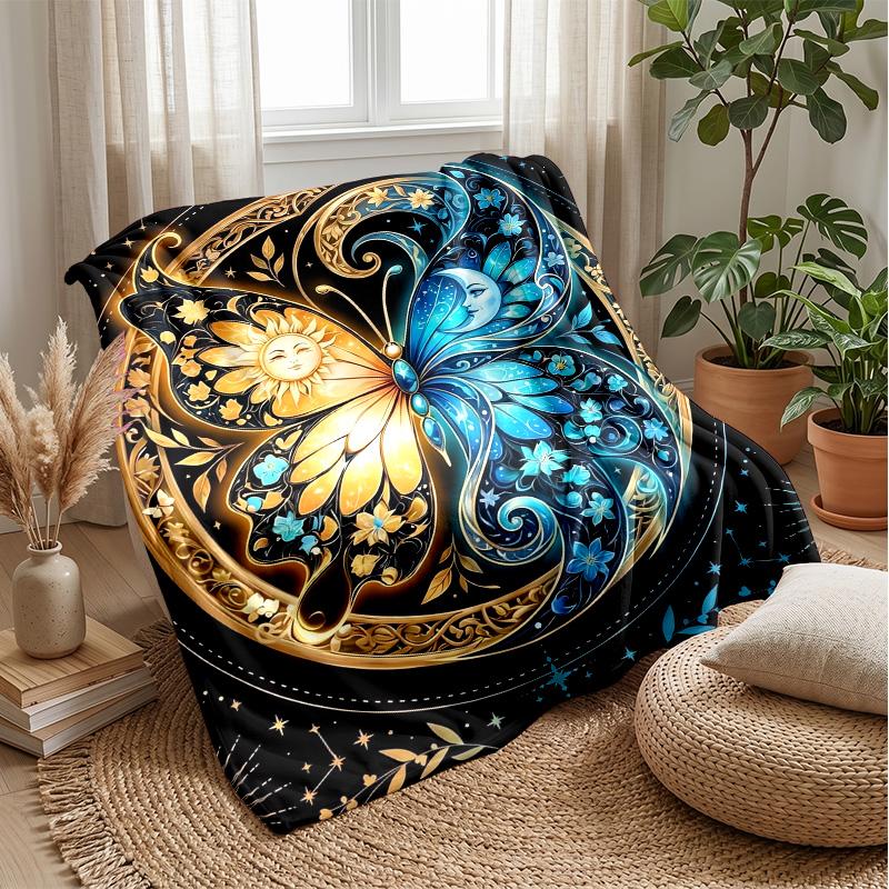 Sun Moon Butterfly Theme Blanket Lightweight Warm Flannel Blanket Decorative Throw Blanket for Home Decoration