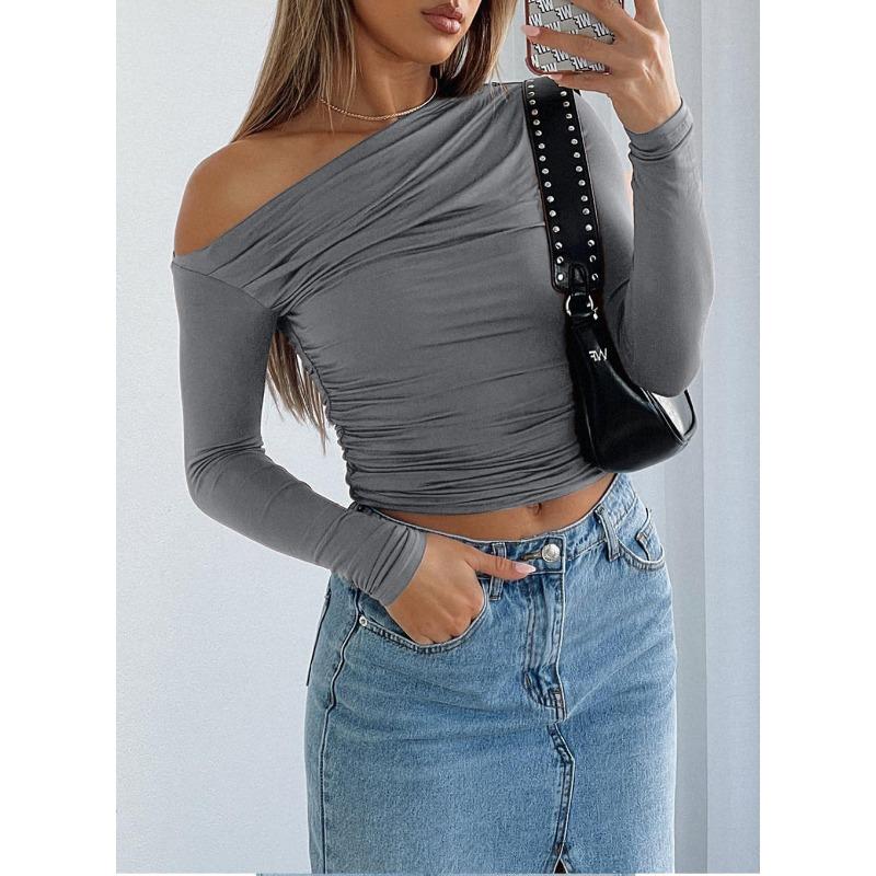 Autumn Base Shirt Slim Fit Pullover Top Slanted Shoulder Long Sleeved Women's T-shirts