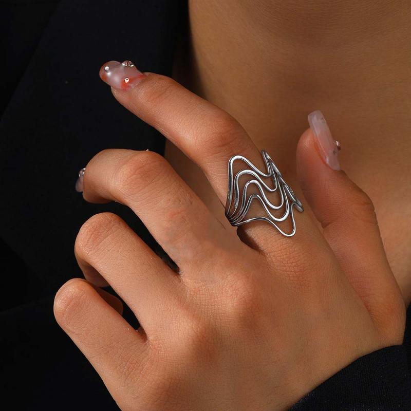 Stainless Steel Silver Color Rings for Women Punk Geometric Metal Irregular Chain Open Rings Hiphop Simple Jewelry Accessories