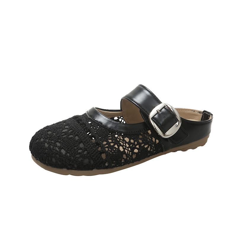 High-value woven bag head half slippers summer retro fashion outer wear simple hollow round head flat bottom sandals
