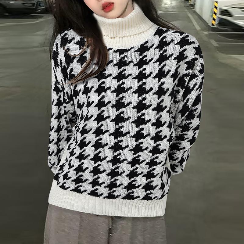 VONDA Autumn Women Turtleneck Long Sleeve Printed Contrast Pullover Sweaters