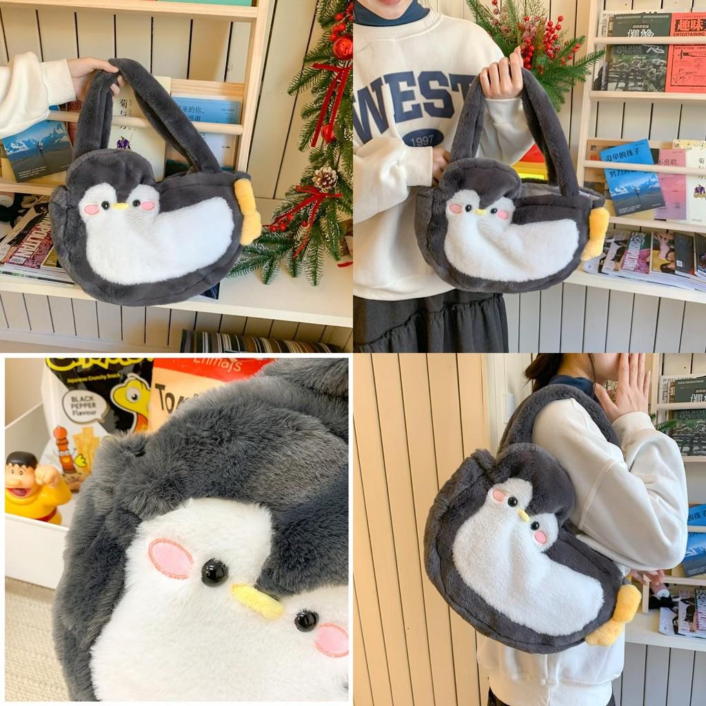 Penguin Plush Tote Bag For Girls With Soft Faux Fur And Zipper Interior