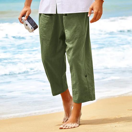 Men Cropped Pants Elastic Waist Solid Color Drawstring Soft Breathable Casual Patch Pockets Mid-calf Length Beach Trousers