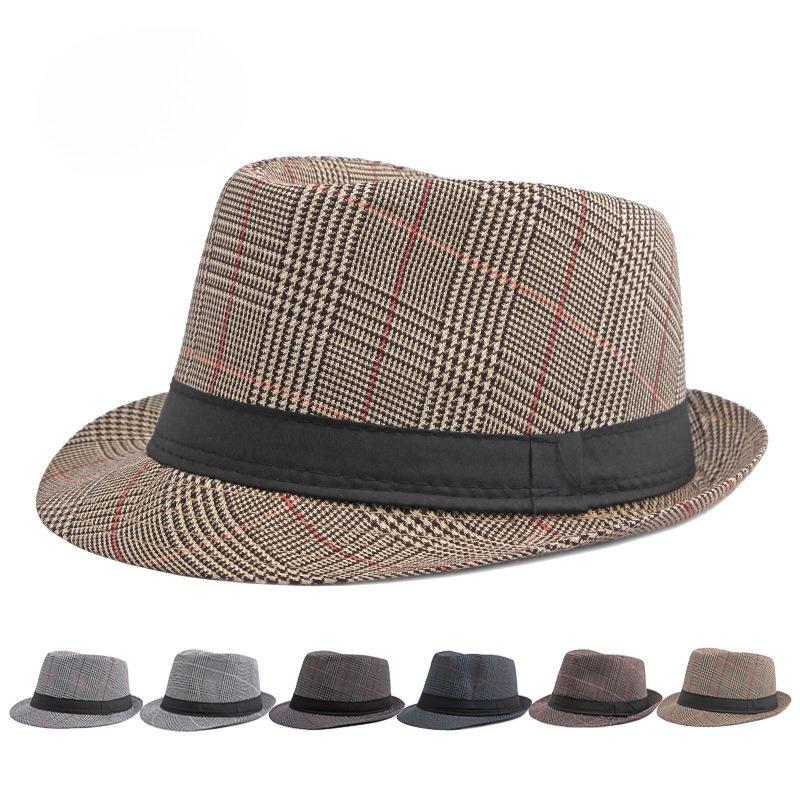British Style Plaid Fedora Hat for Men Spring Summer Retro Jazz Hat Vintage Gentleman Trilby Cap Sun Protection Casual Beach Hat