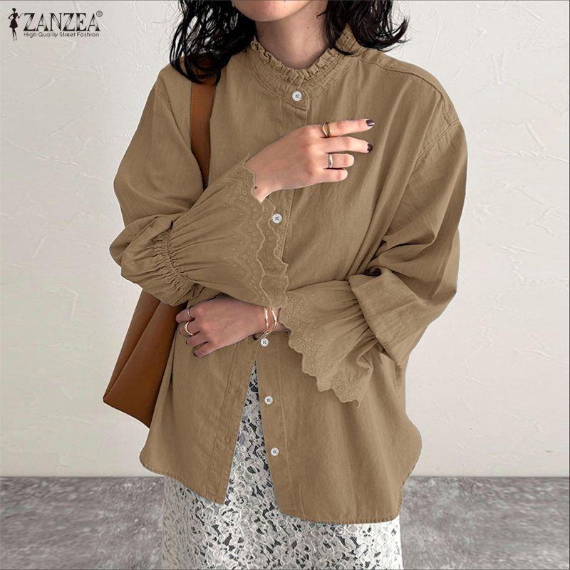 ZANZEA Women Casual Round Neck Loose Crochet Splice Long Sleeve Blouse