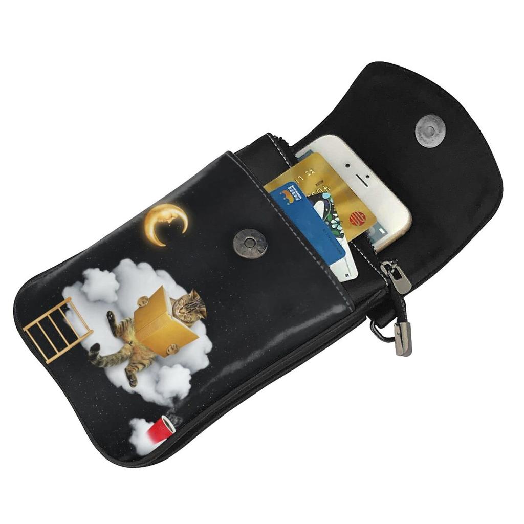 [JMI] Cat Print Reading Moon Night Smartphone Pouch, Genuine Leather Shoulder Bag, Thin, Women's and Men's Mini Pouch, Popular Wallet, Crossbody Bag