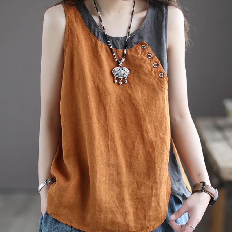 Nuova Blusa Estiva in Cotone e Lino con Scollo all'americana per Donna, Top Asimmetrico, Decorazione a Bottoni e Top Senza Maniche Patchwork