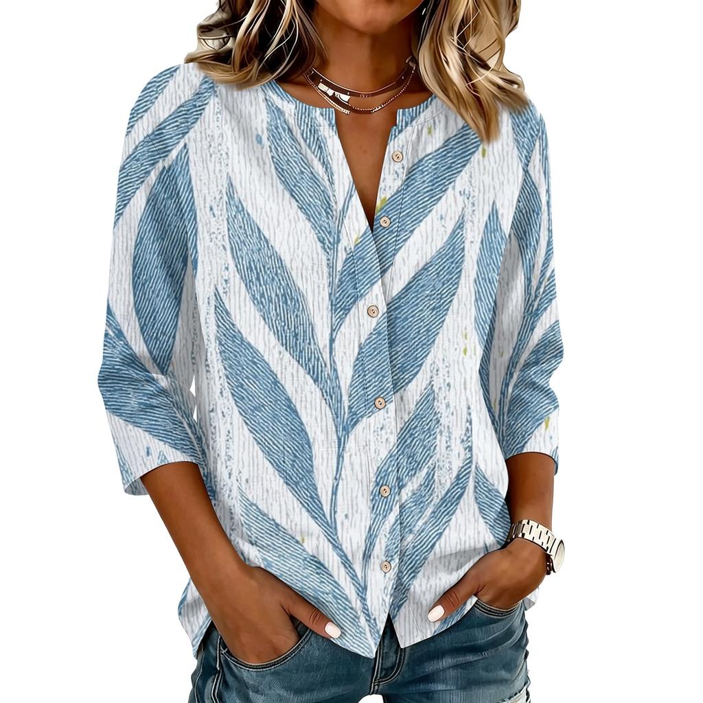 Women Vintage Floral Print Henley Collar Button Down Shirt Three Quarter Sleeve Linen Cotton Blouse Casual Loose Fit Top