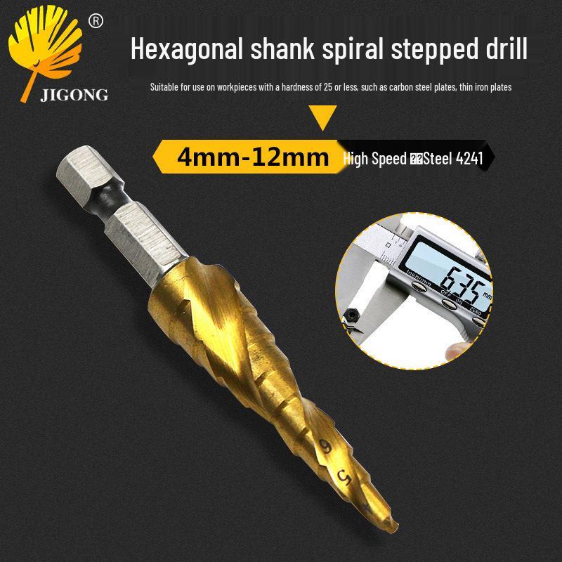 4241 Titanium Spiral Flute Step Drill Bit, 4-12mm, Hex/Triangular Shank for Hole Enlargement.