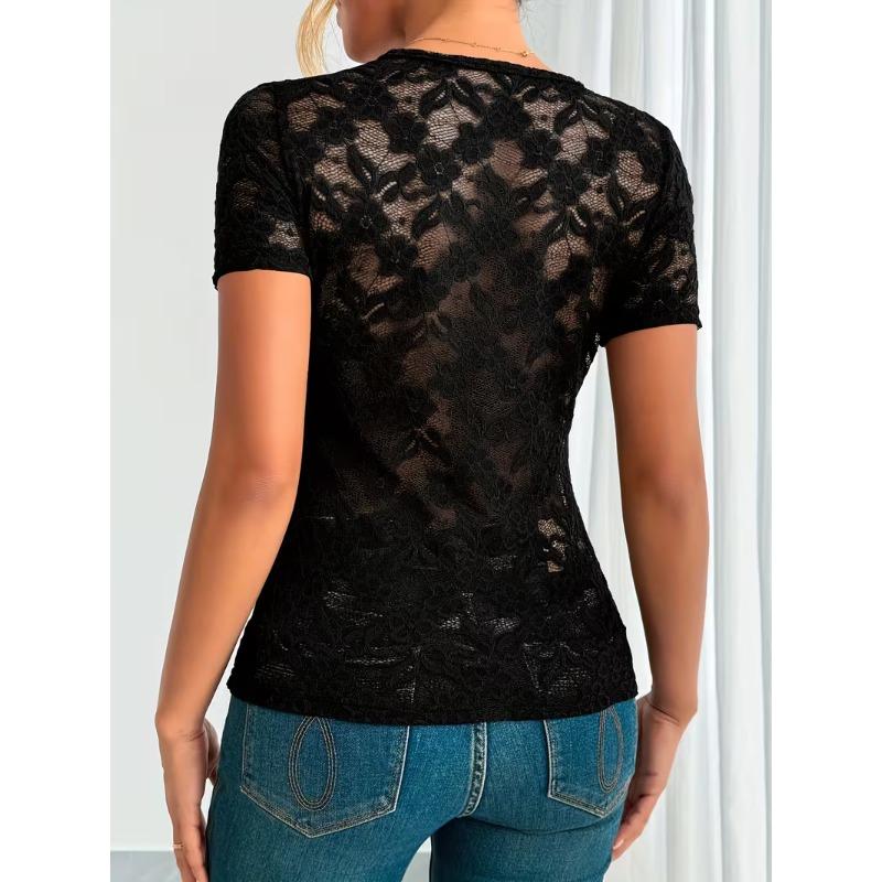 2026 spring and summer new directional elegant women's sexy lace V-neck short-sleeved T-shirt top women