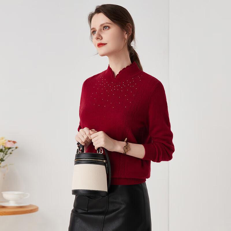 Zhaojun Women's Elegant Rhinestone Stand Collar Cashmere Pullover