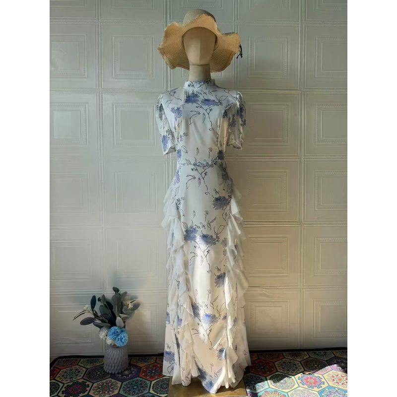 

Fashion Wind New Arrival Fashion Print Shoelace Waist-Tight Dress Lace up Waist Cinching Dress Blue 2XL