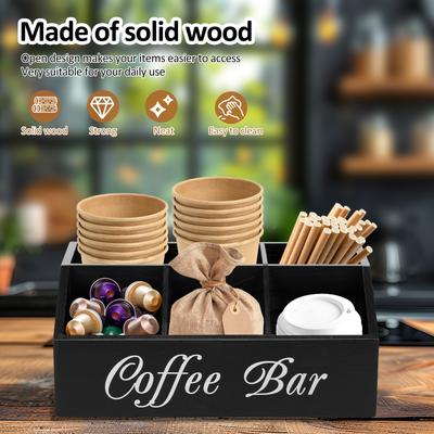 Wooden Coffee Rack Coffee Bar Organizer 5 Compartments Coffee Bar Accessories Vintage Coffee Storage Station Coffee Pods Holder