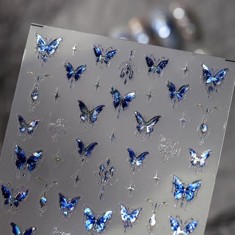 1pcs 5D Luxury Glitter Blue Butterfly Nail Art Stickers Retro Luxury Self Adhesive Transfer Nail Decorations Slider Decals DIY