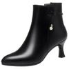 6cm Elegant Fashion Fall Winter Soft Leather Shoes Women Boots 2025 Black Med Kitten Heels Ankle Boots with Fur for Office Mom