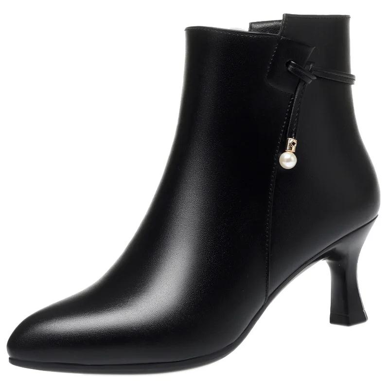 6cm Elegant Fashion Fall Winter Soft Leather Shoes Women Boots 2025 Black Med Kitten Heels Ankle Boots with Fur for Office Mom