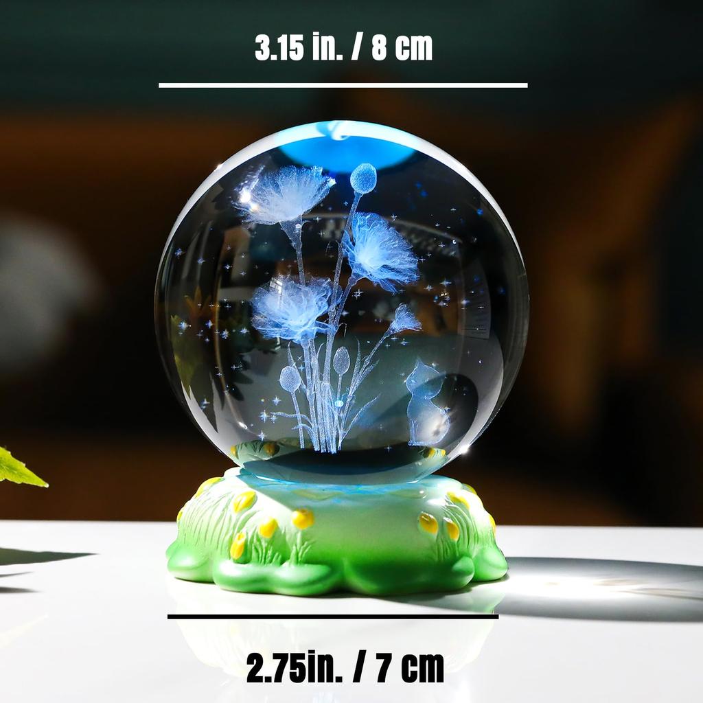 K9 Crystal Ball with Cute Cat and Carnation Bouquet, LED Light Base, Birthday Gift for Mom, Gift for Women, Mother's Day Gift