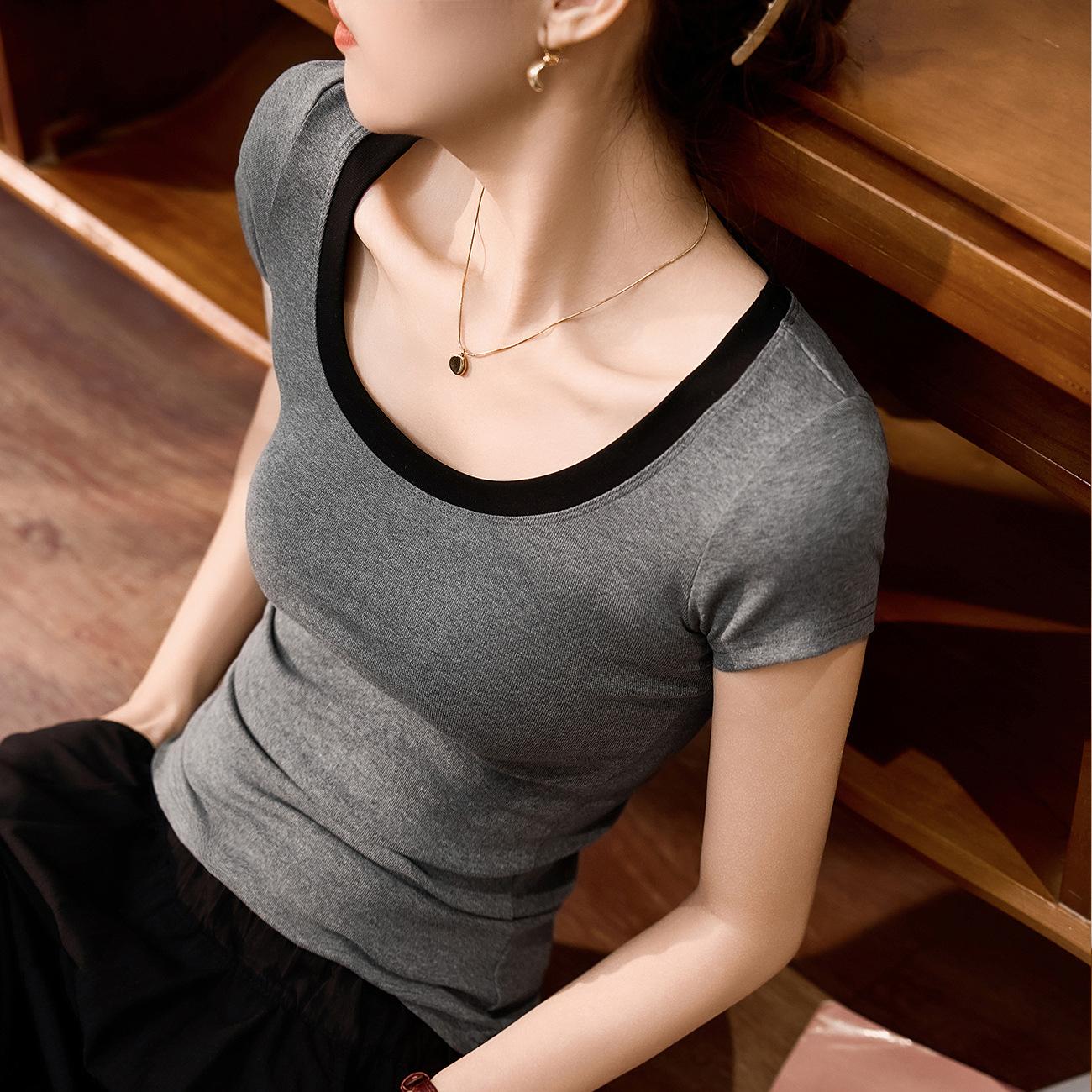 

Футболка из чистого хлопка контрастного цвета с большим U-образным вырезом, женская летняя сексуальная новая тонкая рубашка с короткими рукавами XXL темно-серого