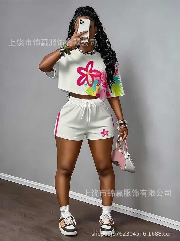 European and American street style number star print short T-shirt, elastic waist shorts, lazy two-piece outfit