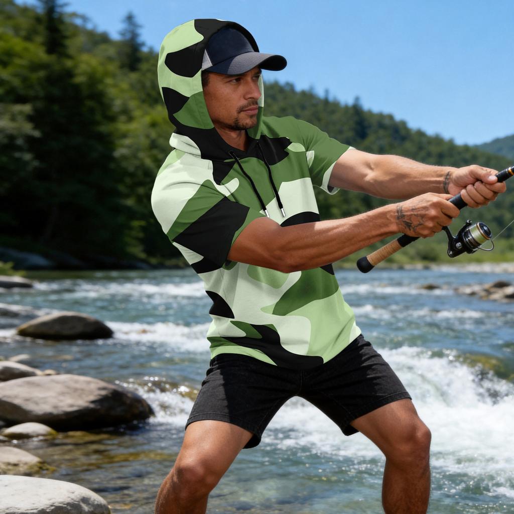 Men's Camouflage Print Raglan Sleeve Casual Sport Fishing Sun Protection Short Sleeve Hoodie Pullover Top for Outdoor Activities