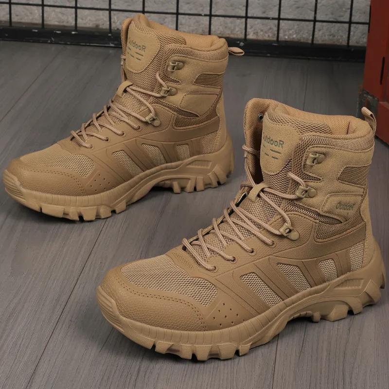 Herren High-Top Outdoor Wanderschuhe mit rutschfesten dicken Sohlen, Stoßdämpfung, atmungsaktive Kampfstiefel, bequeme lässige An