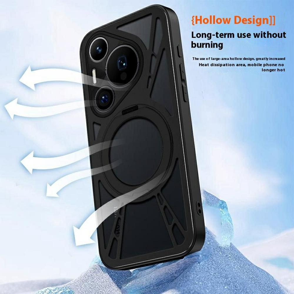 For Huawei Pura 70 Case Magnetic Kickstand Hollow Heat Dissipation Silicone+PC+Metal Bumper Phone Cover