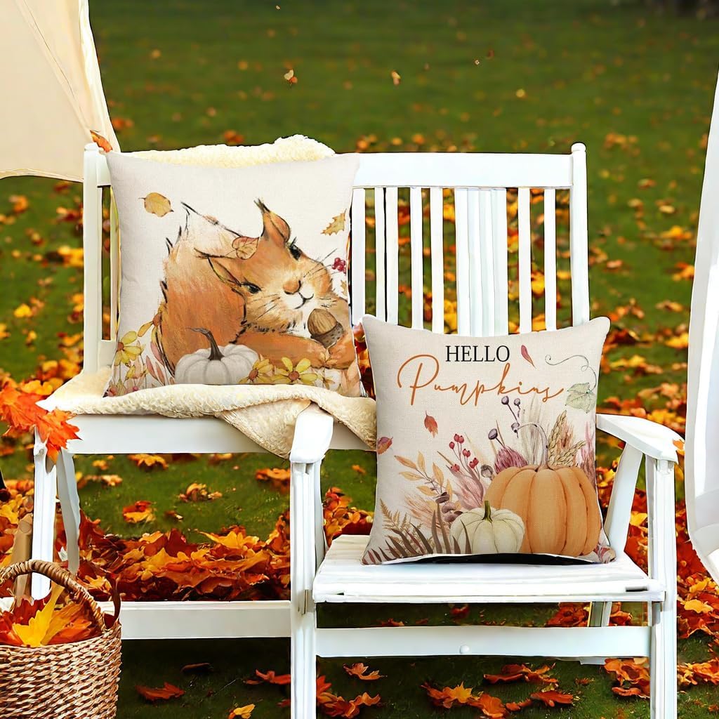 Fall Pillow Covers 18x18 Inch Linen Pillow Case for Sofa Couch Farmhouse Thanksgiving Fall Decorations Throw Pillow Covers Set of 2