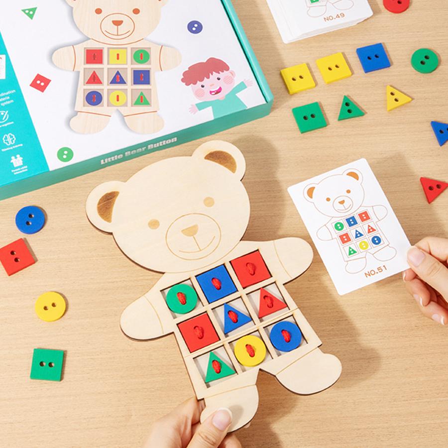 Wooden Lacing Bear Toy with pattern cards Learning Sewing Toy Shape Color Sorting Montessori math toy Match toddler game  Gifts