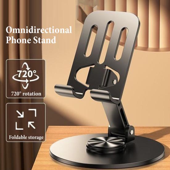 Metal Phone Stand, Foldable 720-degree Rotating Desktop Tablet Holder, Heavy Duty Universal Cradle with Charging Port