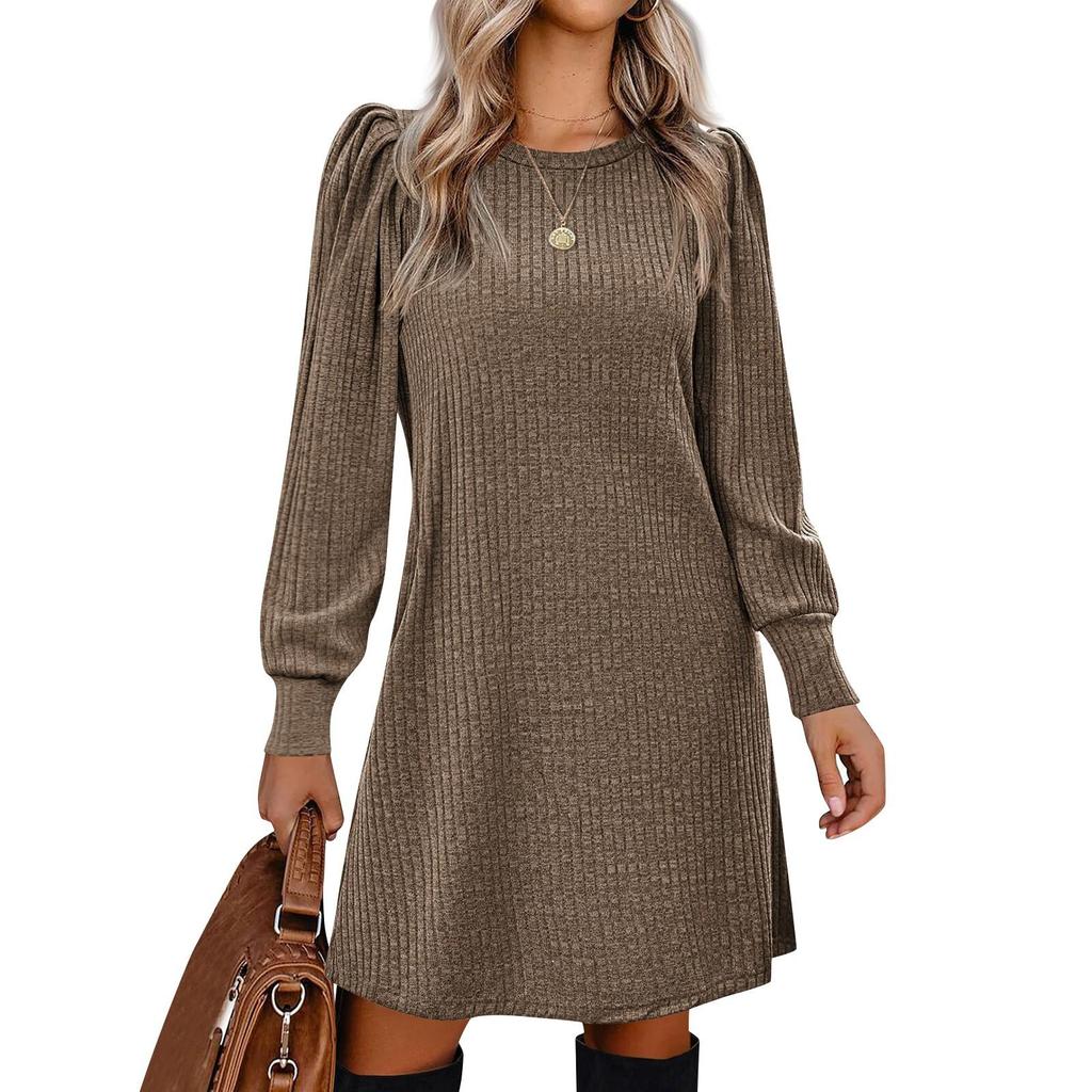 Womens Puff Long Sleeve Dress Casual Knit Crewneck Knee Length Dresses With Pockets