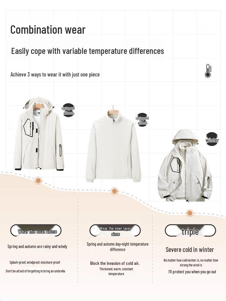 Unisex Water-Repellent 3-in-1 Jacket with Detachable Layers, Velvet Lining, Windproof & Waterproof for Autumn/Winter.