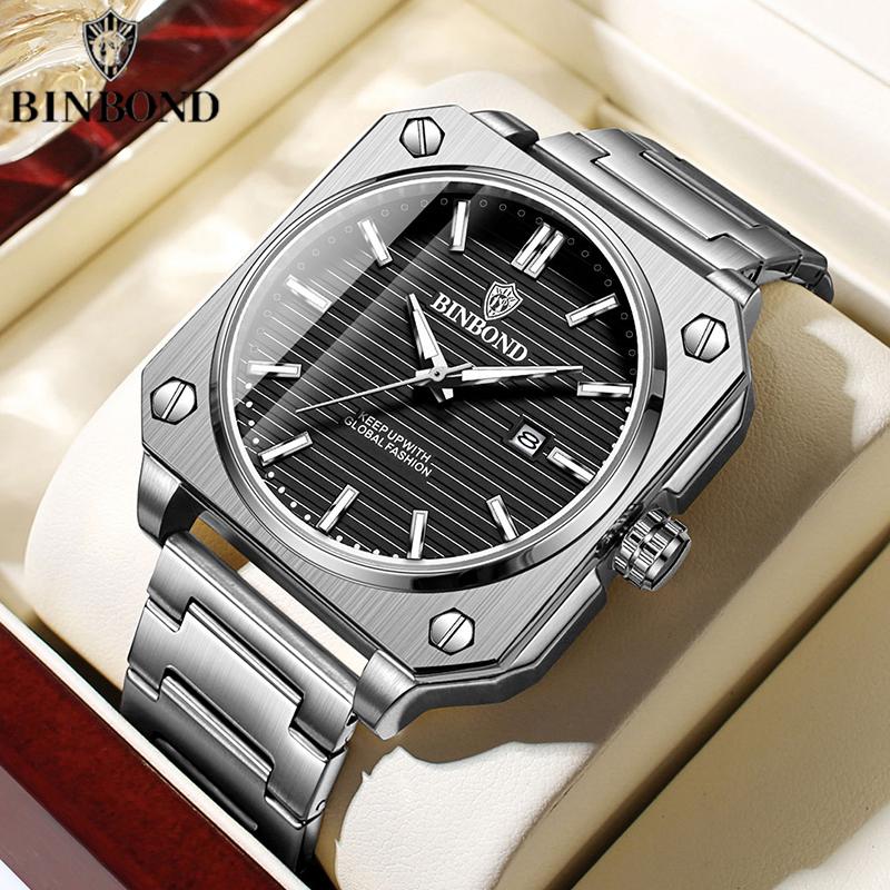Mode Quadratische Business Herren Quarzuhren Wasserdicht Leuchtend Kalender Luxus Edelstahl Armband Armbanduhren Herren Geschenke