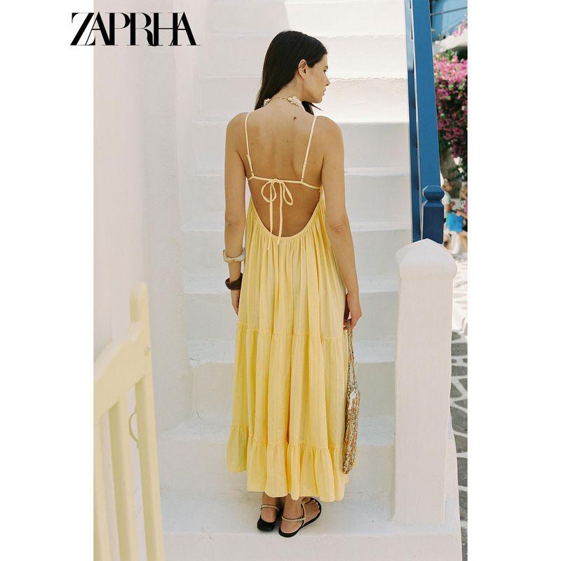 Zaprha 2025 Summer New Seaside Holiday Style Yellow Loose Backless Patchwork Dress 8232702
