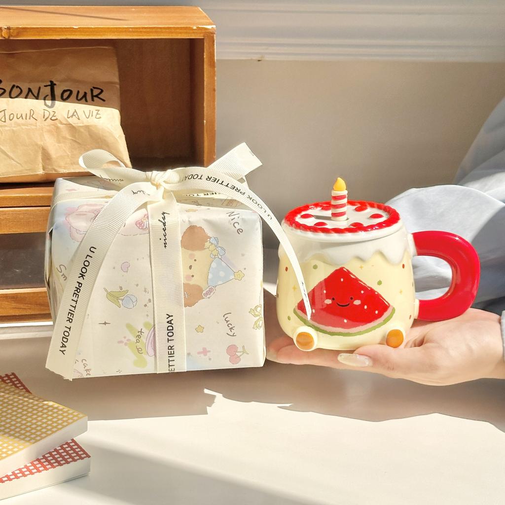 Birthday gift Cute apple cup High value ceramic household water cup Girls birthday gift souvenir gift box
