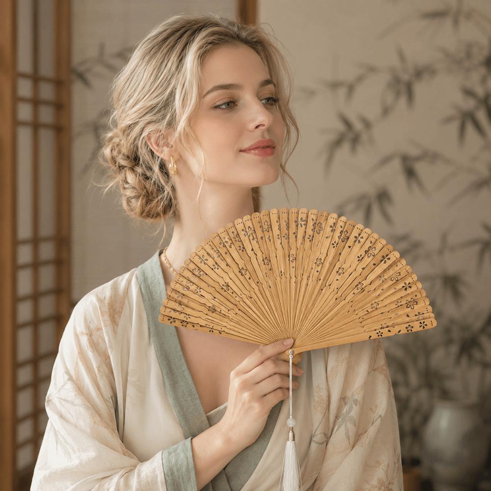 Sakura Folding Bamboo Fan Solid Color Kimono Fan Lightweight Tassel Folding Fan  Lady Dance Props