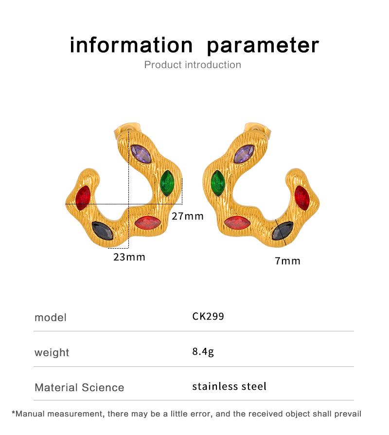 Vintage Multi-color Zirconia Ear Cuffs, 18K Gold Titanium Steel, Elegant Earrings