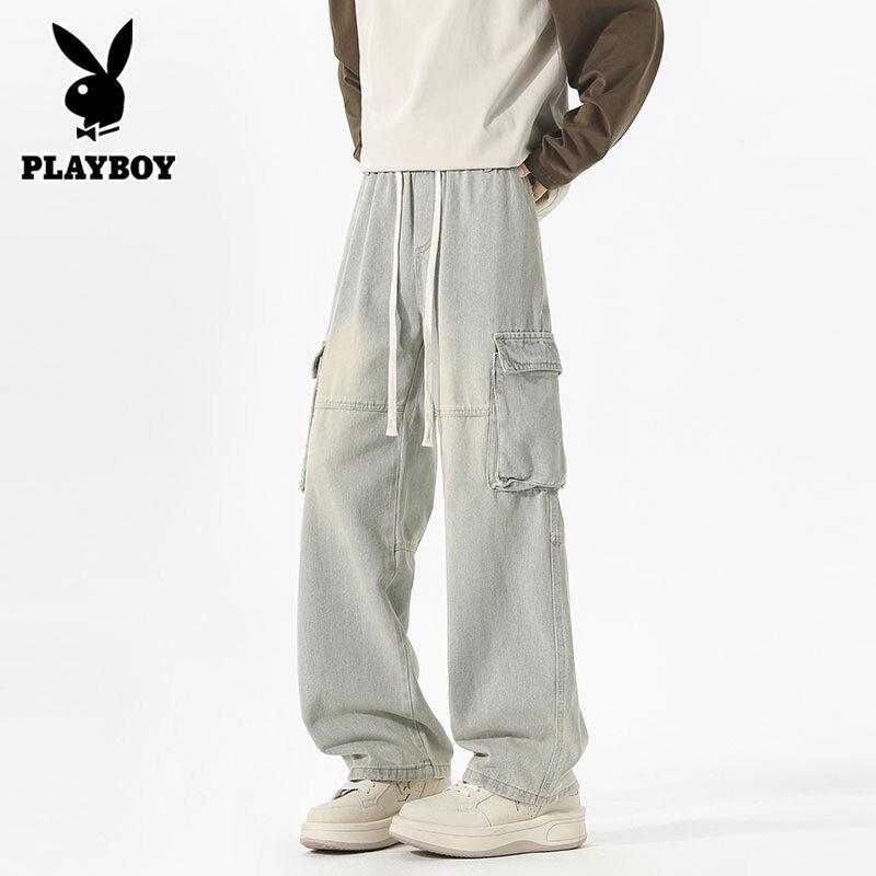 PLAYBOY Men s Loose Straight Leg Multi-Pocket Cargo Denim Pants M