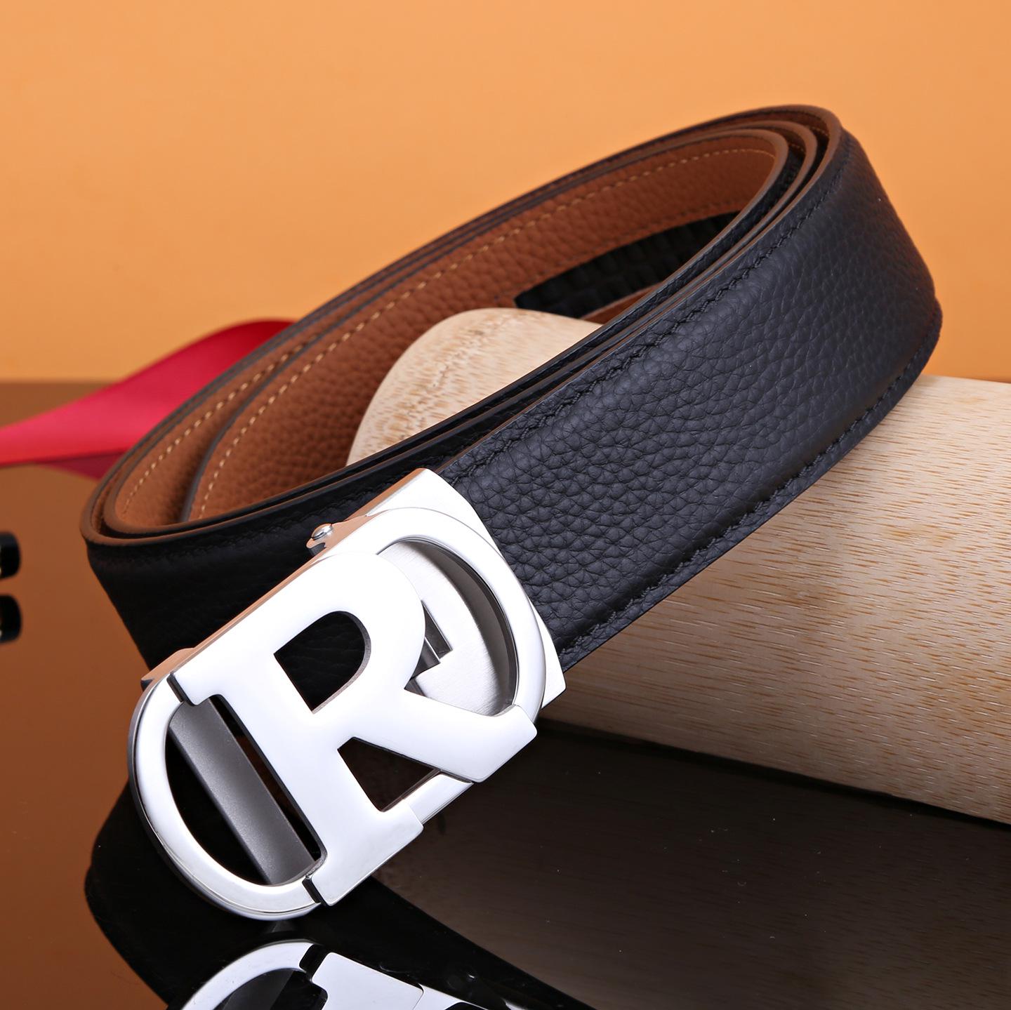 

Men s High-End Genuine Leather Belt with Stainless Steel R Letter Automatic Buckle. 125cm
