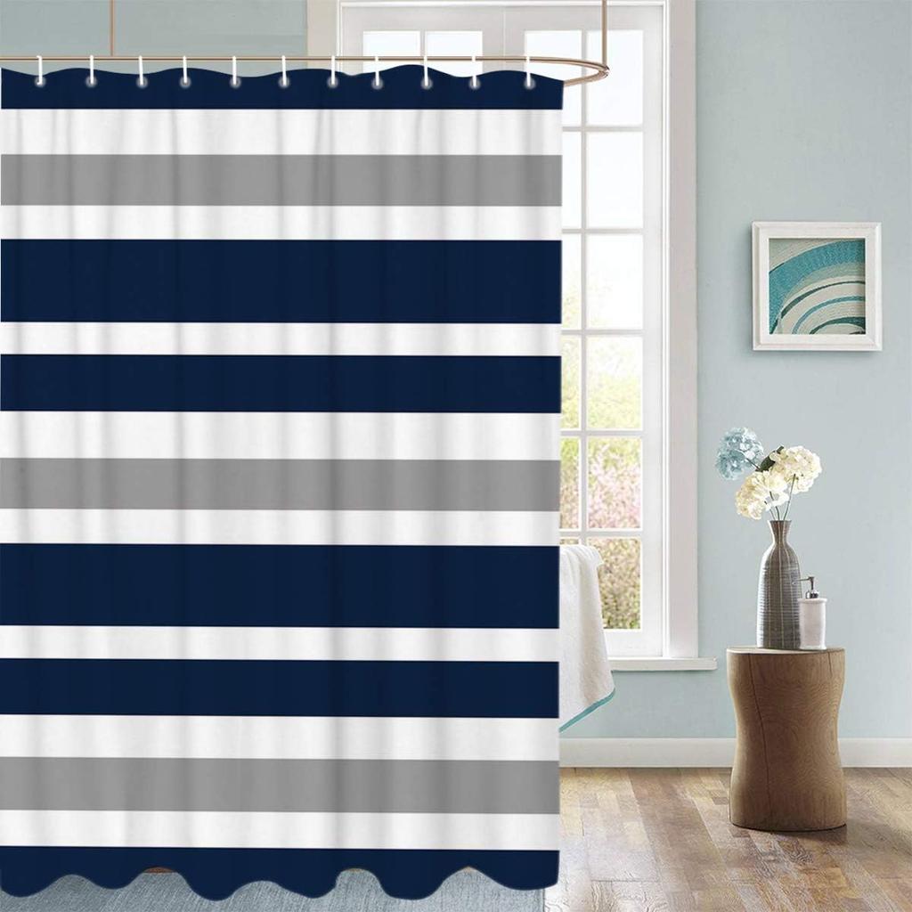 Striped Shower Curtain Navy Blue and Gray, Blue and White Striped Shower Curtain with Hooks for Bathroom Waterproof Bath Curtains for Home Hotel, 72"