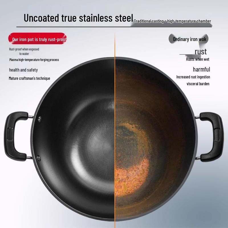 Robuster gusseiserner Wok mit zwei Griffen für Induktionskochfelder - Große Pfanne mit flachem Boden zum Braten.