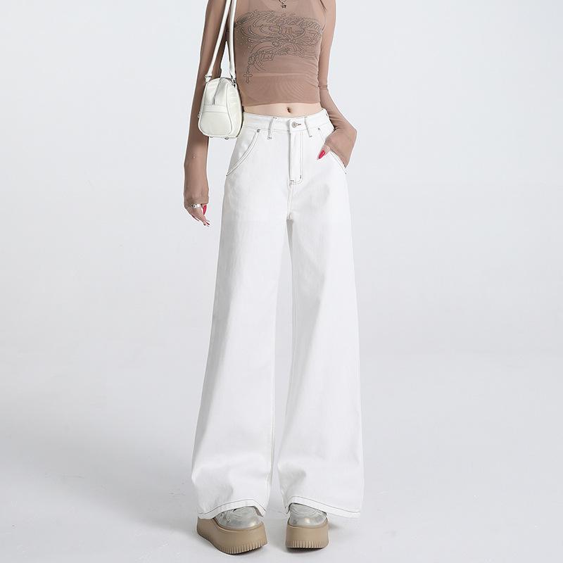 Women's White High-Waisted Wide-Leg Floor-Length Jeans - 2025 Autumn/Winter Loose Slimming Fit