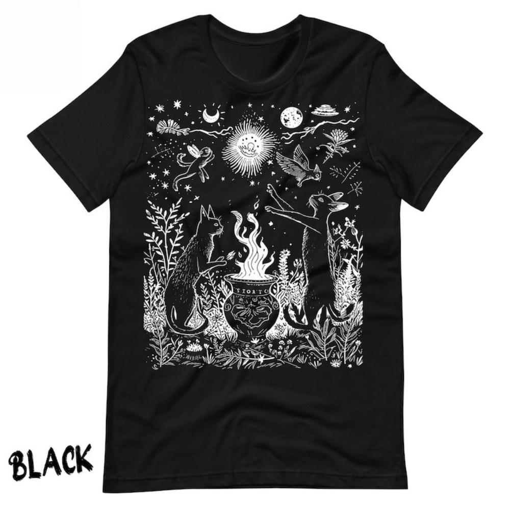 Vintage Celestial Cat TShirt Witchy Dark Cottagecore Goth Woman Man Graphic T Shirts Retro Gothic Cool Creative Cotton Tops Tee S
