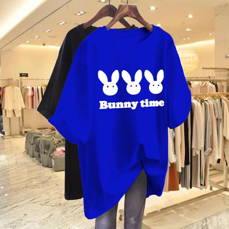 Medium and long short-sleeved t-shirt women's 2025 new rabbit print white loose and thin trendy short-sleeved top trendy