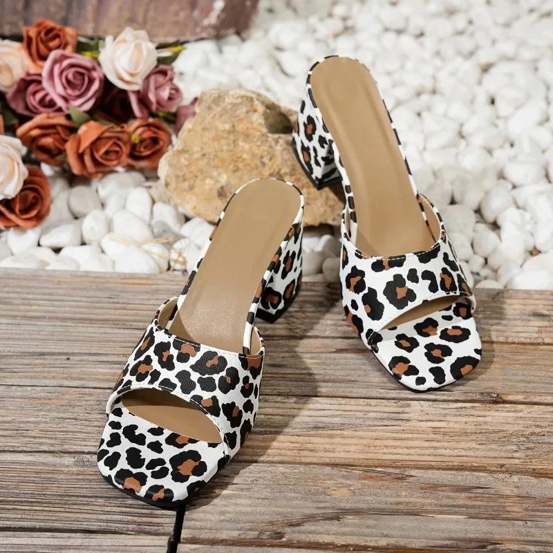 Fashion 2025 European and American Summer New Large Square Head High Heel SlippersforWomen, Leopard Pattern Thick Heel Sandals for Women