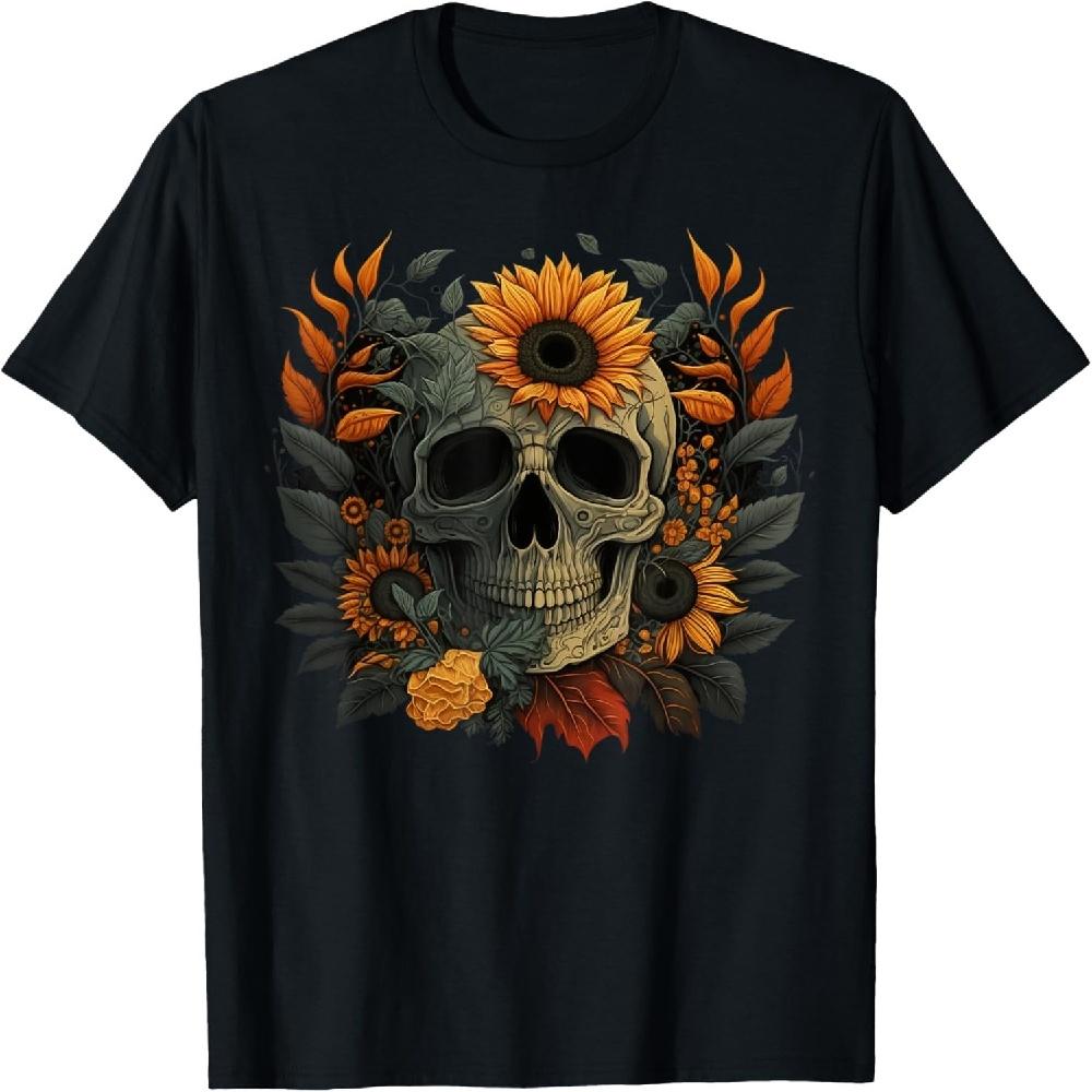 Floral Gothic Sunflower Skull on Sunflowers T-Shirt S