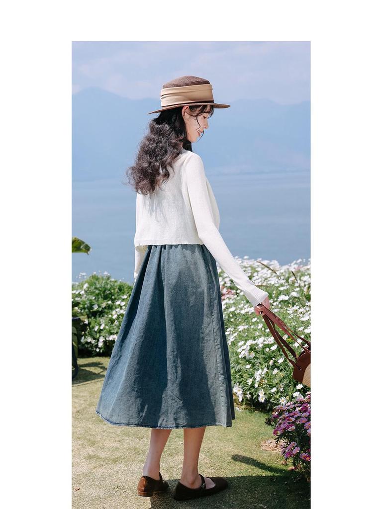 Women's 2024 Summer French Retro Denim Knot Cardigan & Camisole Dress Set