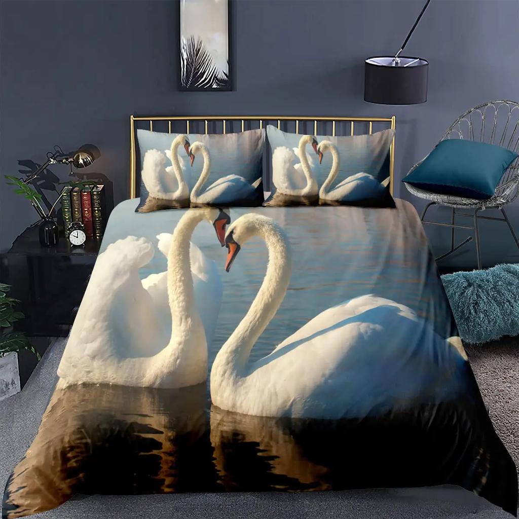 Swan Duvet Cover Set White Swan Lake Comforter Cover Twin Ocean White Swan Polyester Bedding Set For Couple Valentine's Day Gift