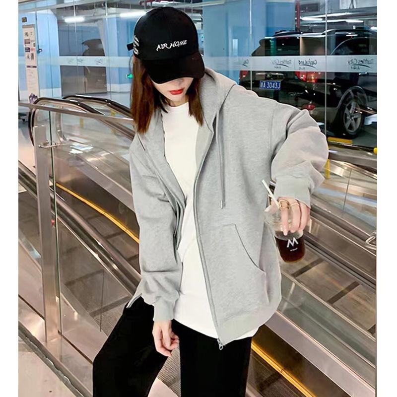 Sweatshirt Jacket Loose Spring Autumn New Lazy Top Korean Hooded Zipper Gray Casual Cardigan